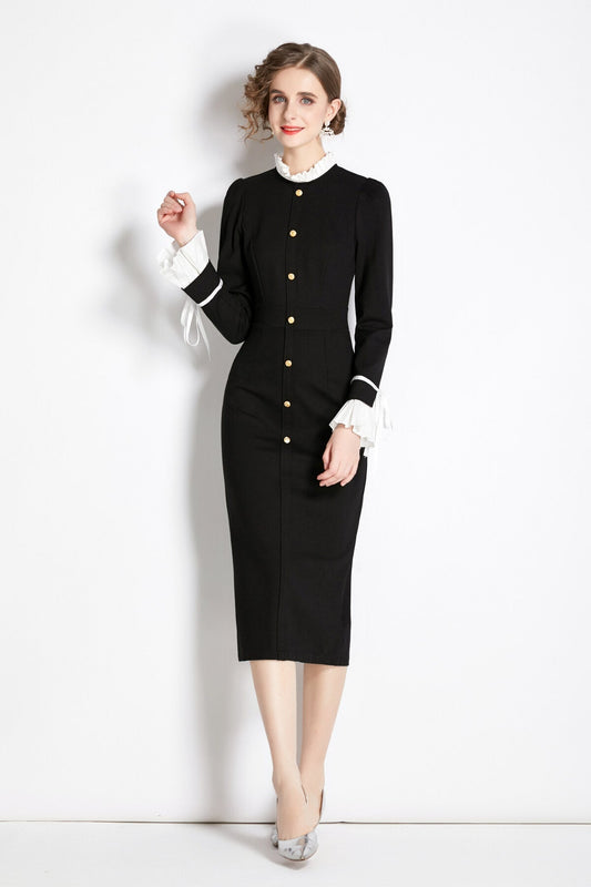 Black French Paneled Button Down Slim Fit Dress-1