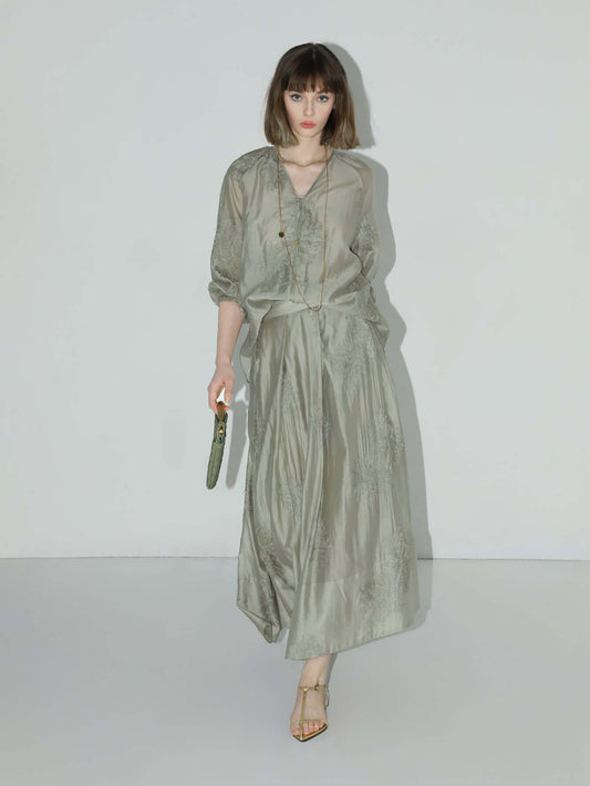 Brocade Button Embroidered Mint Green Kaftan Dress-1