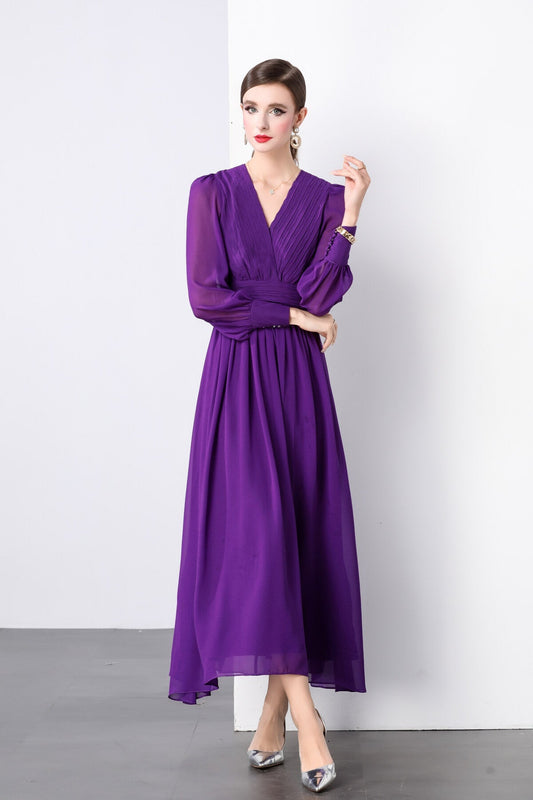 Deep Purple Long Sleeve V Neck Ruched Waist Maxi Dress-1