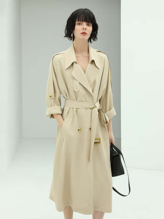 Double Breasted Mid-Length Military Style Beige Trench Coat-1