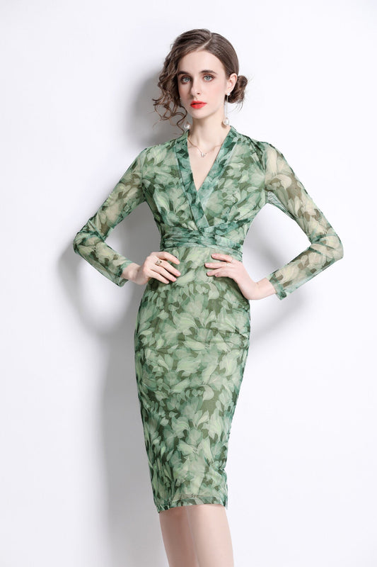 Form Fitting V Neck Mesh Floral Green Tea Dress-1