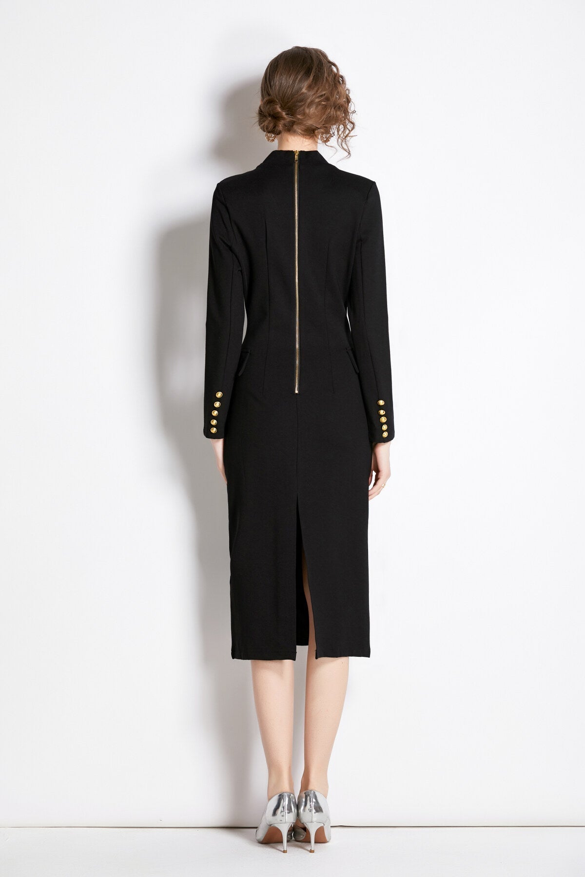 Gold Double Breasted Black Midi Blazer Dress-3