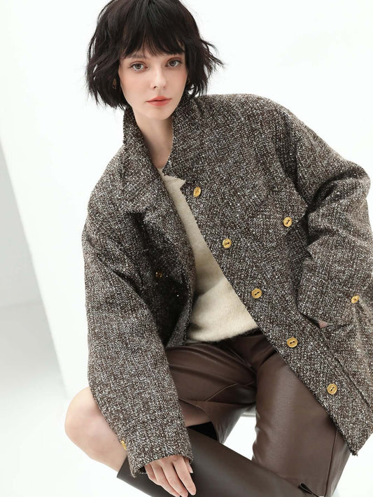 Luxurious Sequin-Knit Wool Coat in Mocha-1
