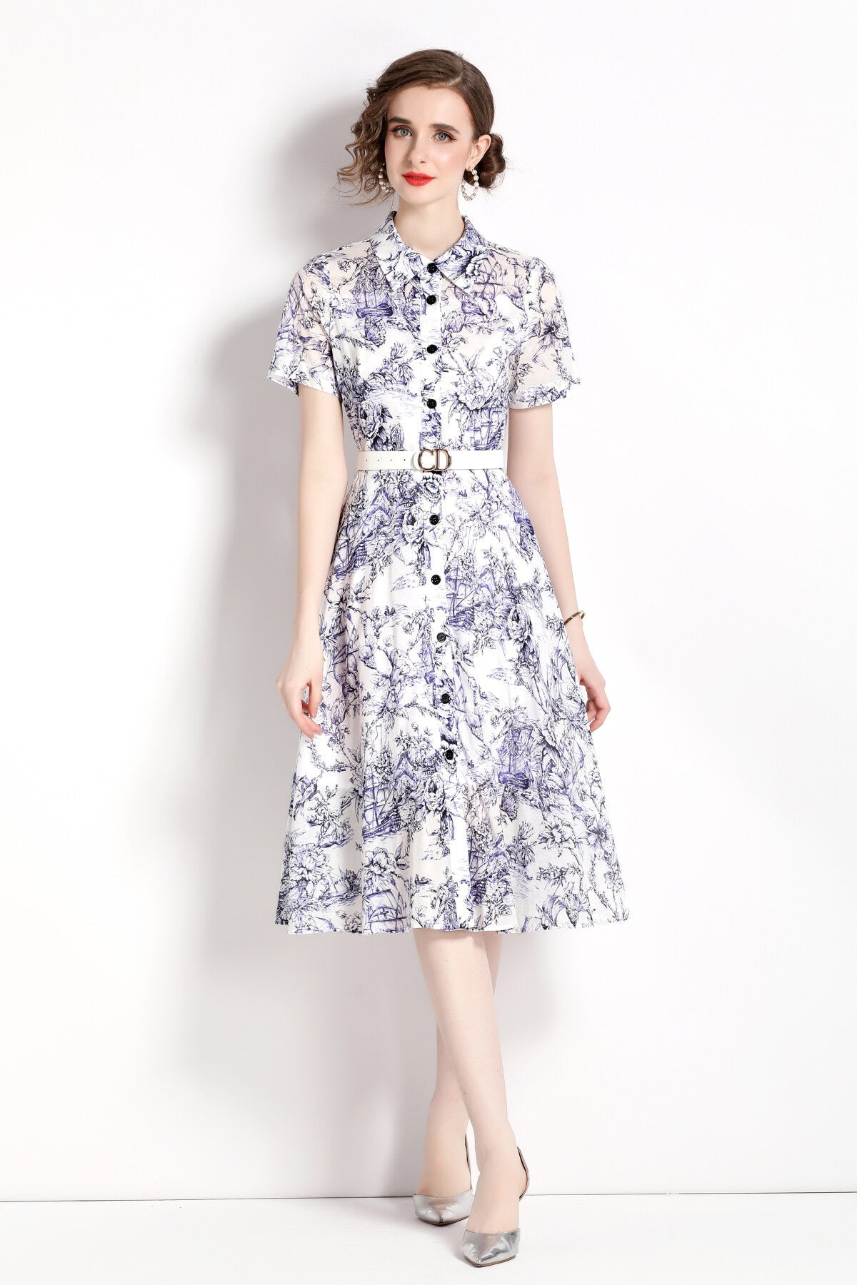 Natural Forest Waist Cinching Flared Work Shirt Dress-4