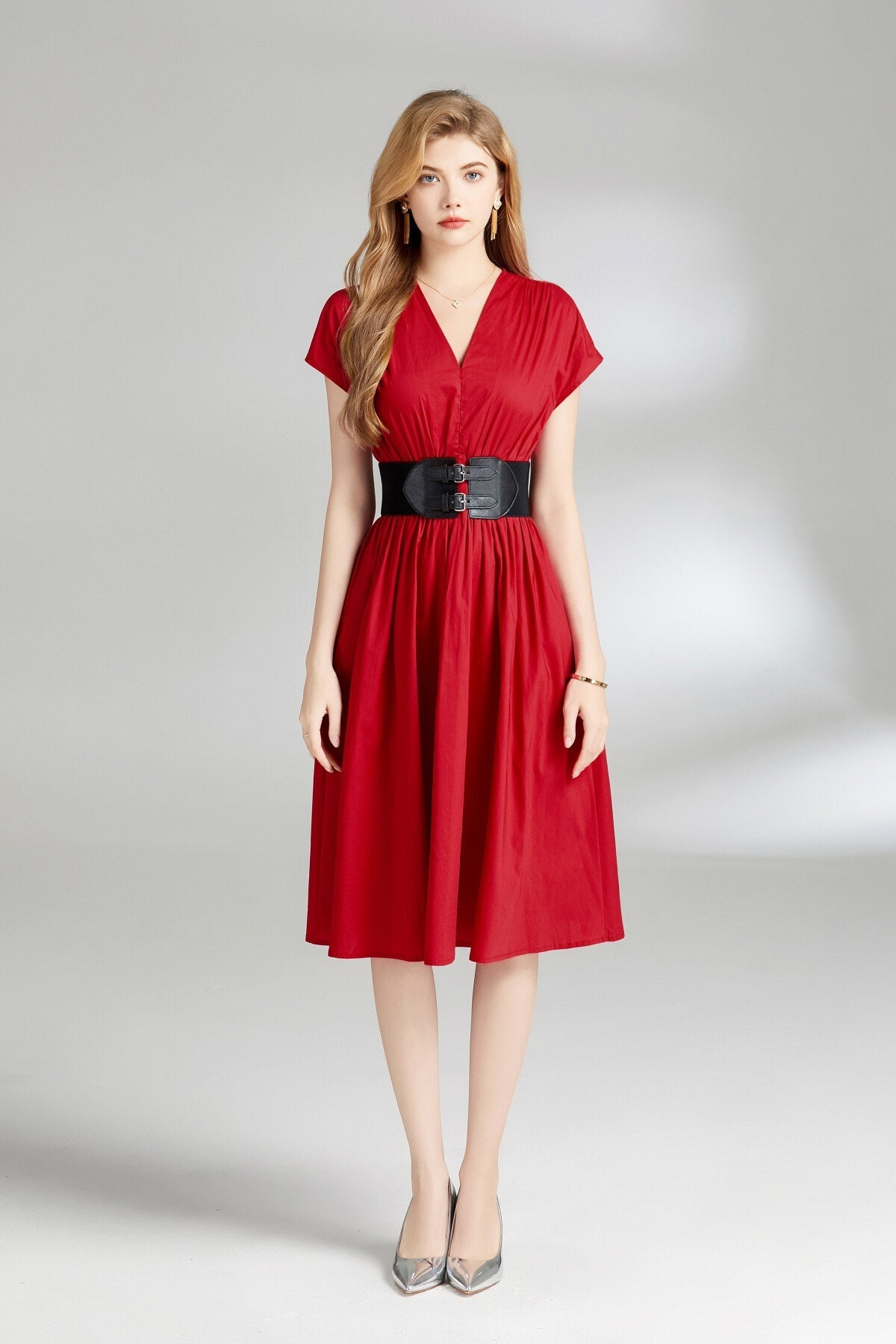 Plunging Neckline Cinched Waist Dress-4