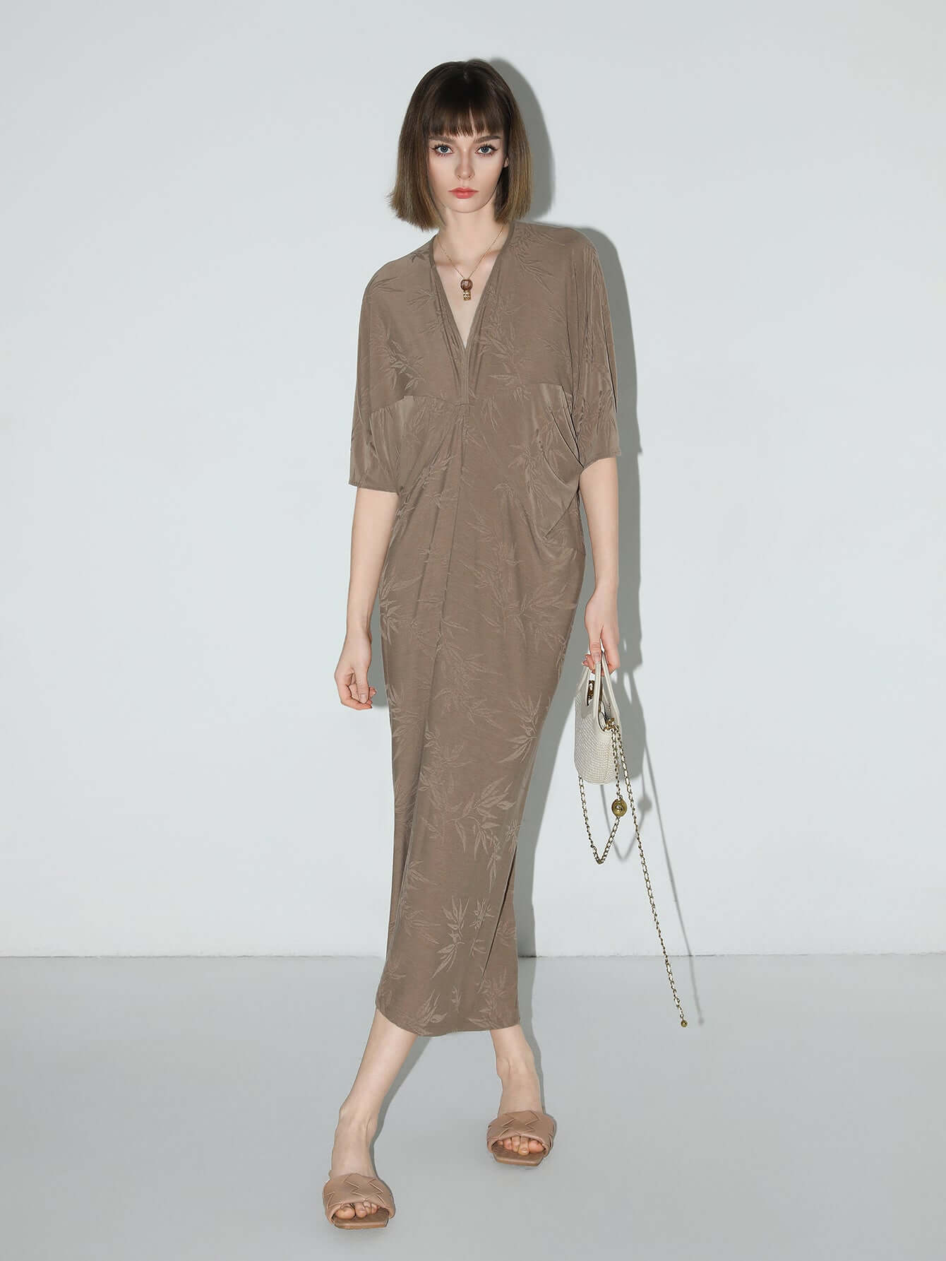 Shawl Neck Bamboo Jacquard Knit Maxi Dress-4