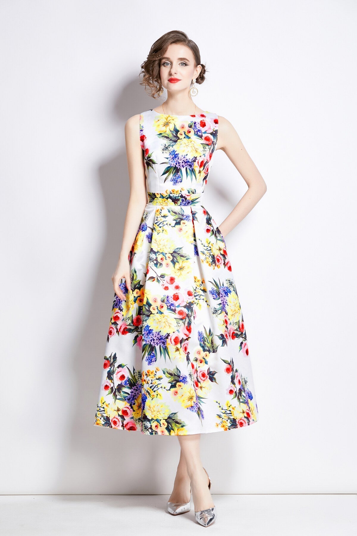 Sleeveless High Waisted Structured Cut A Line Dress-7