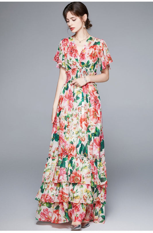 Stretchy Floral V Neck Ruffled Waist Maxi Dress-1