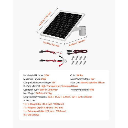 20W 12V solpanelsbatteriladdare, solcellsbatteriunderhållsladdare med inbyggd styrenhet och stolpfäste, IP65 vattentät för grind, staket, gård, gräsmatta (passar 40mm-68mm stolpar) | EU
