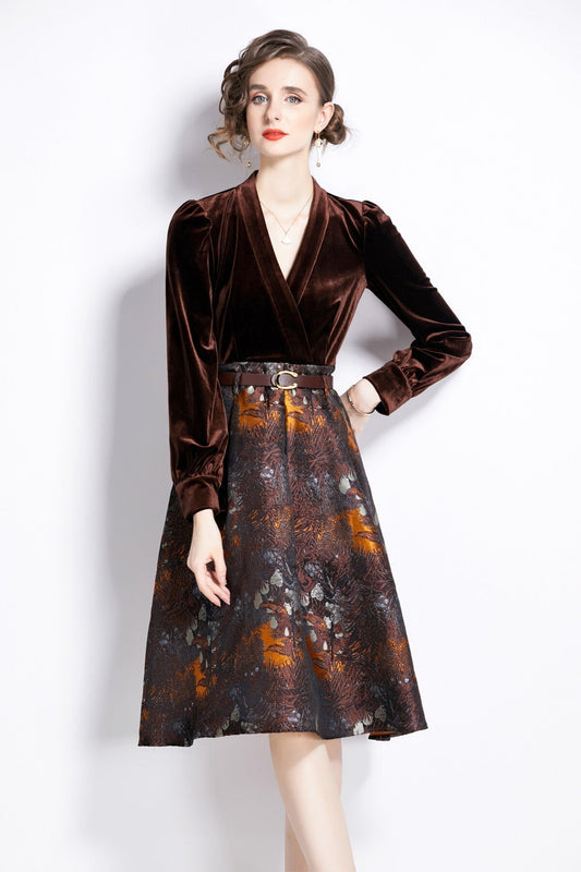 V Neck Velvet Patchwork Coffee Jacquard A Line Dress-1