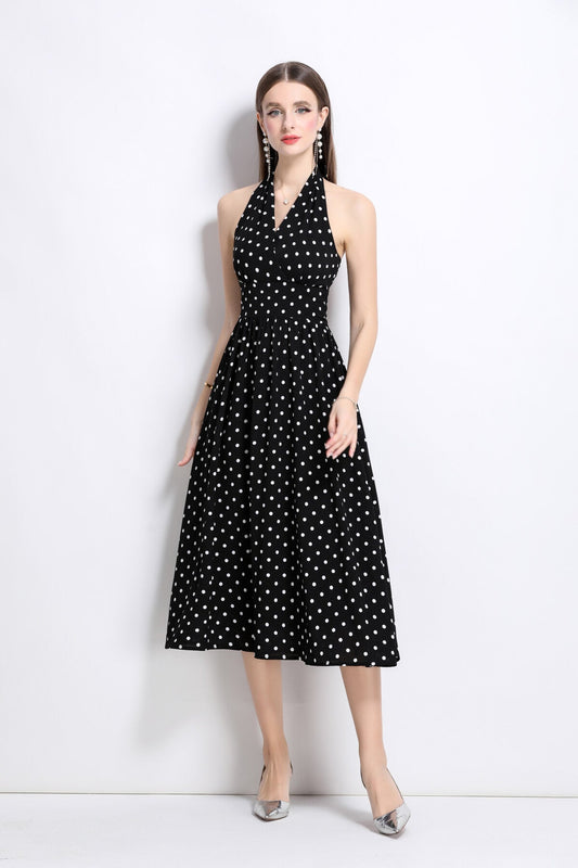 Vintage Halter Polka Dot Sleeveless Fitted Maxi Dress-1