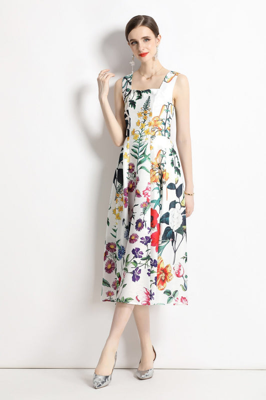 Vintage White Floral High Waisted Thick Strap Dress-1