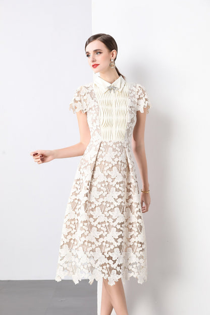 3D Floral Appliqué Bow Tie White Lace Midi Dress-1
