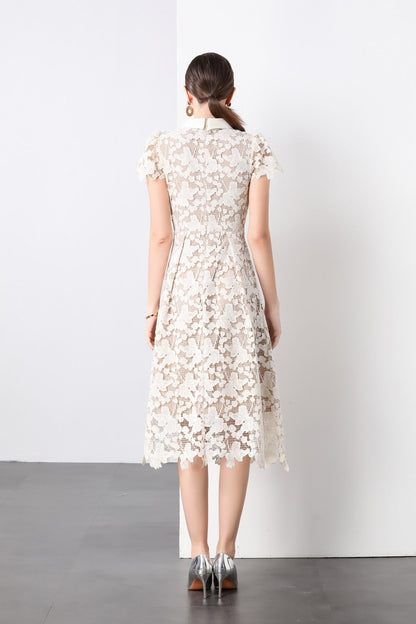 3D Floral Appliqué Bow Tie White Lace Midi Dress-3