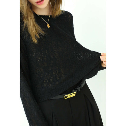 3D Hollow-out Jacquard Black Knit Top-1