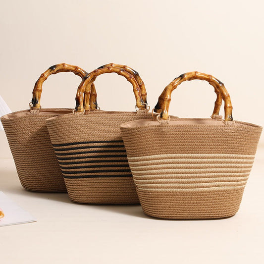 Rymlig Toteväska med Bambuhandtag – Somrig & Stilren Handväska