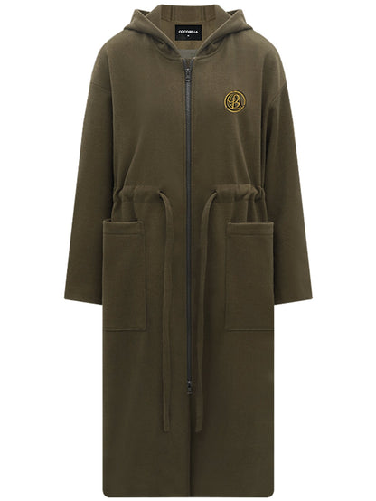 Adjustable Drawstring Brown Hooded Wool Coat Women-3
