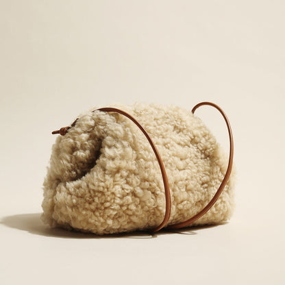 Apricot Beige Furry Double Thin Strap Shoulder Bag-0