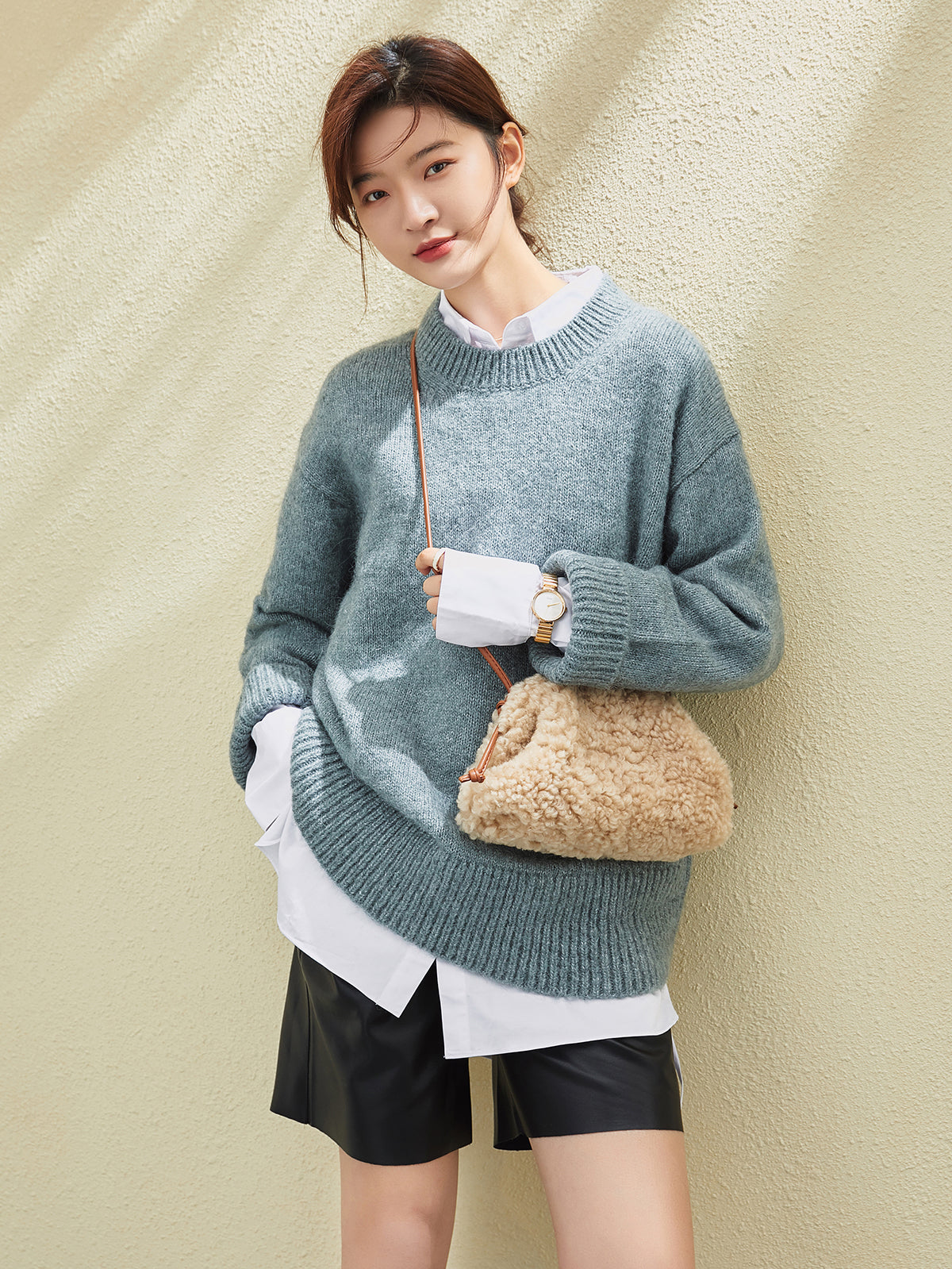 Apricot Beige Furry Double Thin Strap Shoulder Bag-3