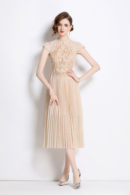 Apricot Lace Embroidered Pleated Midi Dress-0