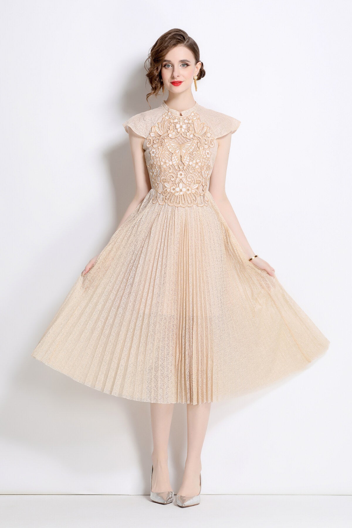 Apricot Lace Embroidered Pleated Midi Dress-2