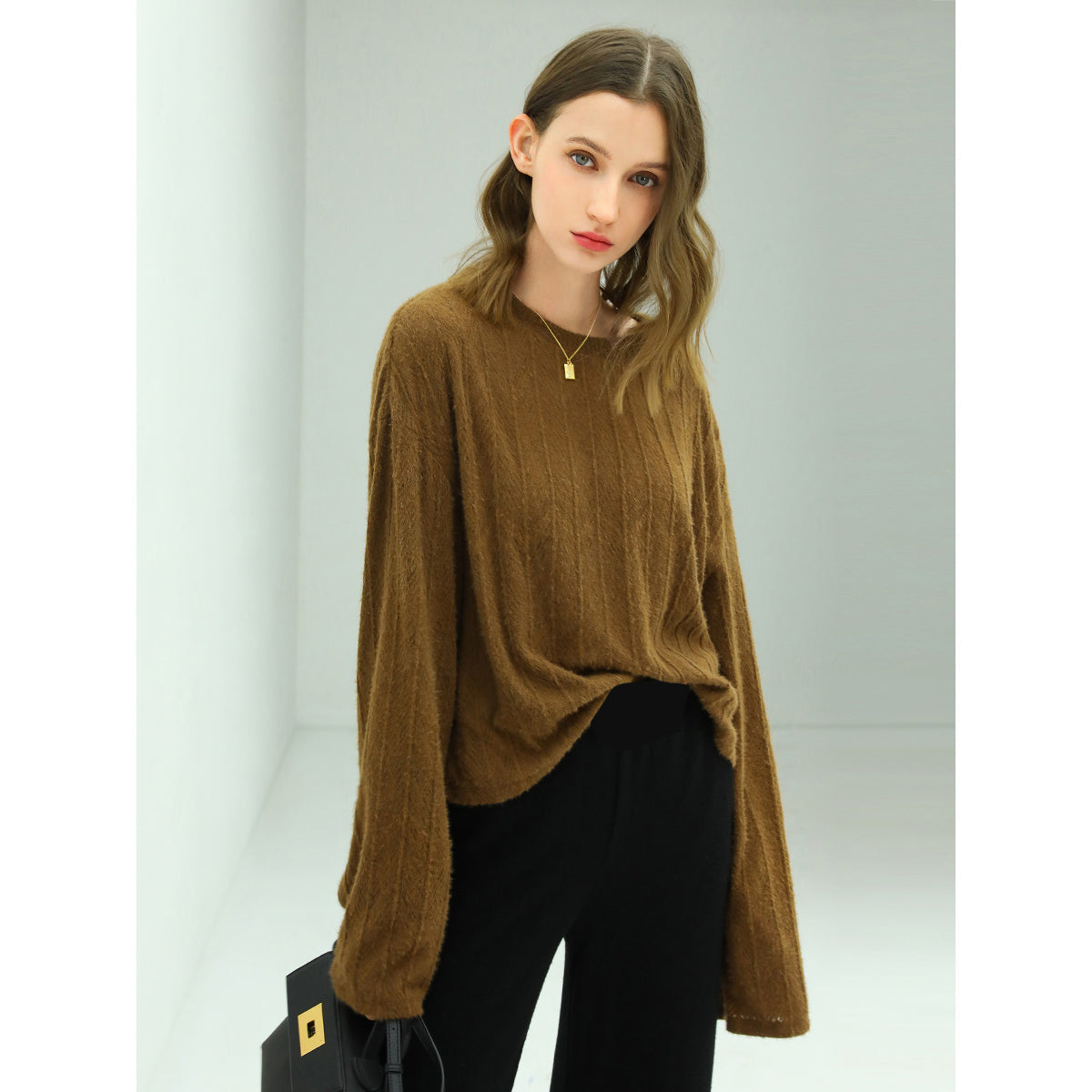 Baggy Trumpet Sleeved Textured Stripe Knit Top-0