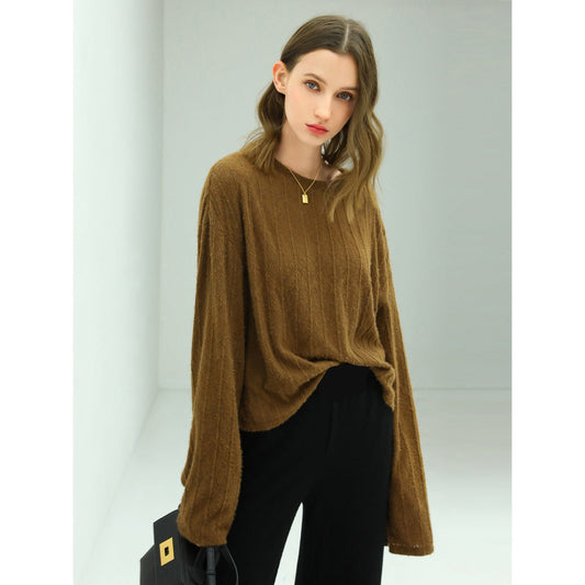 Baggy Trumpet Sleeved Textured Stripe Knit Top-0