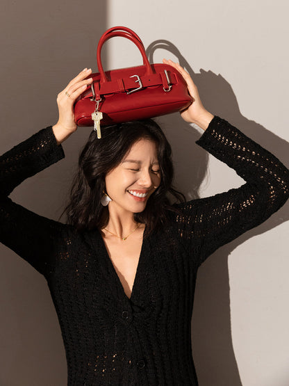 Baguette Belted Clasp Top Handle Bag-4