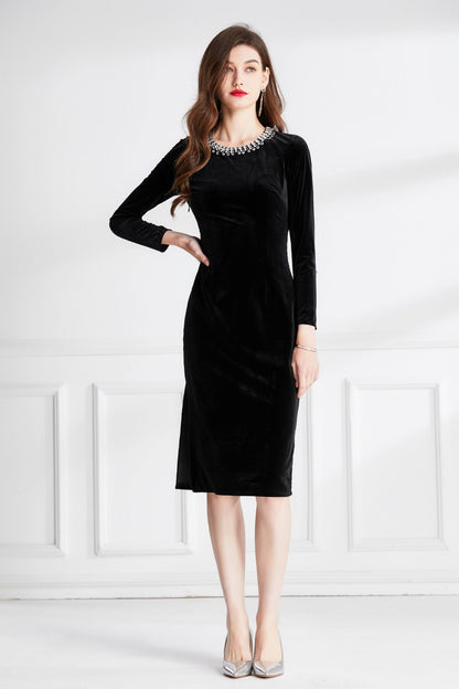 Beaded Vintage High Waist Slit Black Velvet Maxi Dress-2