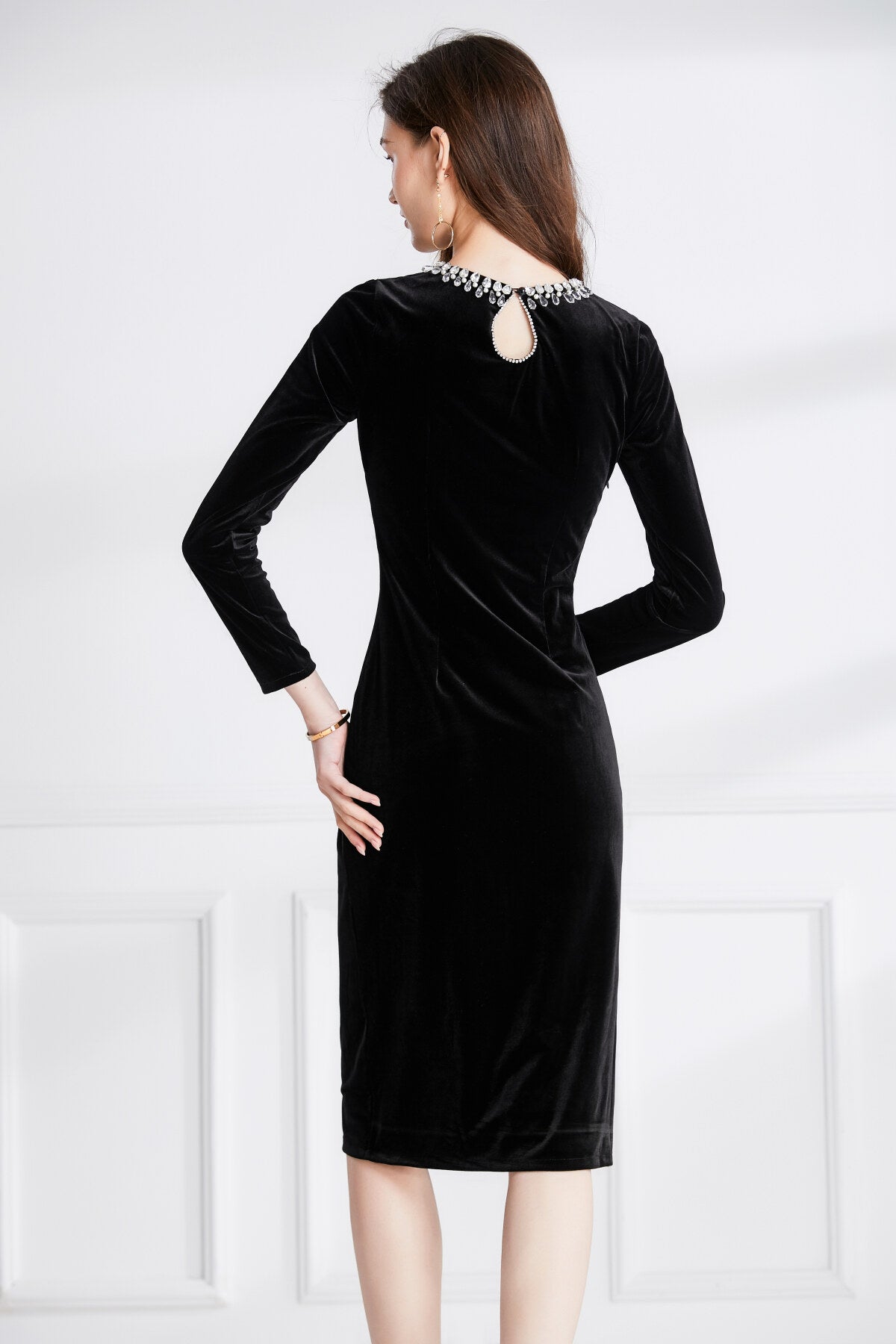 Beaded Vintage High Waist Slit Black Velvet Maxi Dress-3