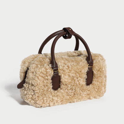 Beige Sherpa Fur Trimmed Elongated Top Handle Bag-1