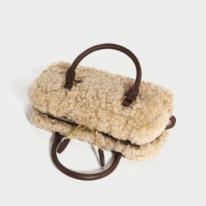 Beige Sherpa Fur Trimmed Elongated Top Handle Bag-3