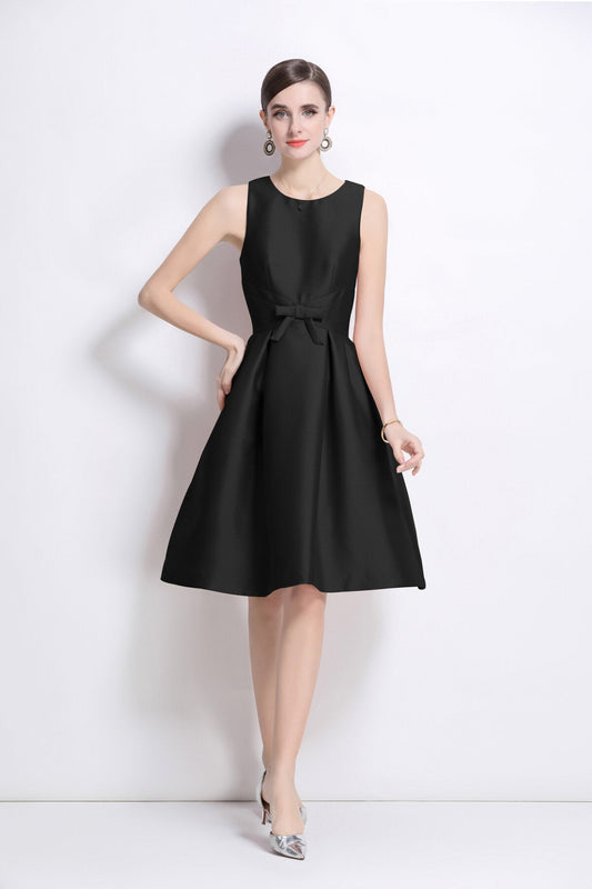 Belted Bowknot Satin Fitted Midi Dress-0