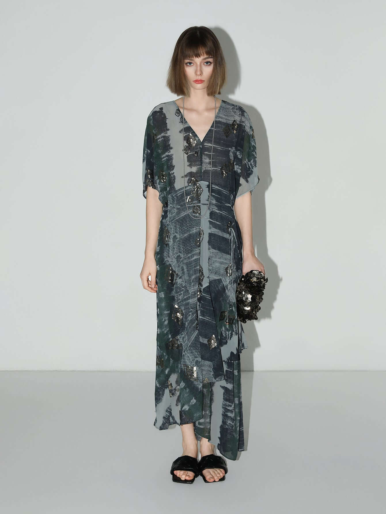 Black and Grey Tie-Dye Print Chiffon Dress-0