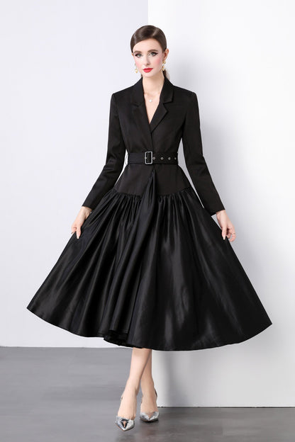 Black Belted Blazer Flared Midi Dress-2