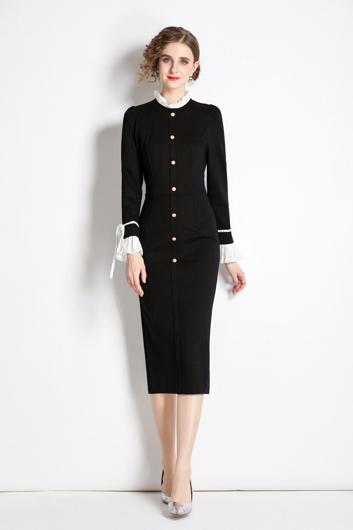 Black French Paneled Button Down Slim Fit Dress-0