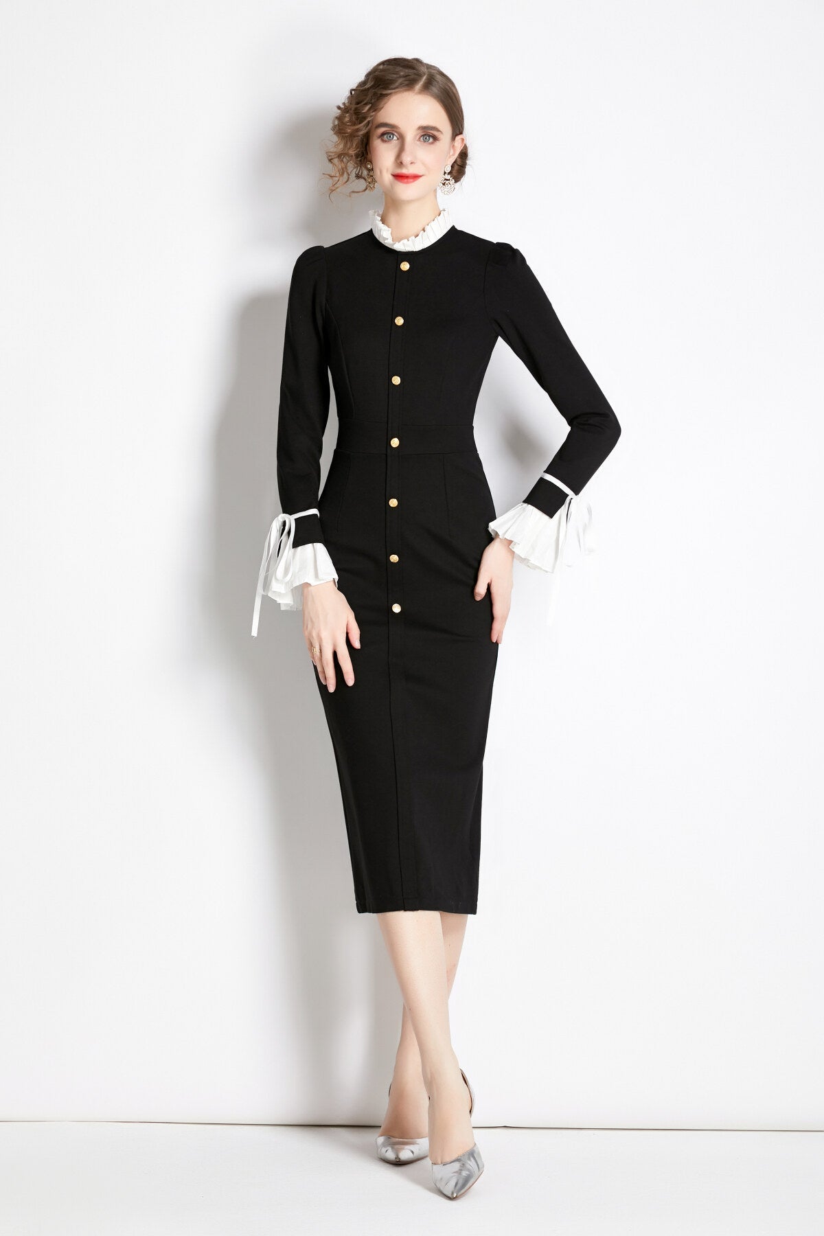 Black French Paneled Button Down Slim Fit Dress-2