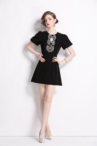 Black Puff Sleeve A Line Mini Dress-0