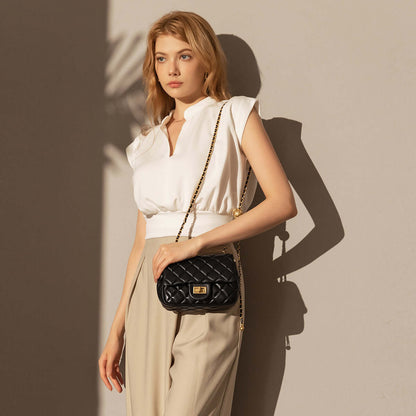 Black Quilted Bag with Golden Ball Leather Chain Straps-4