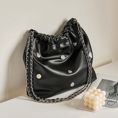 Black Rivet Studded Leather Tote Bag-2