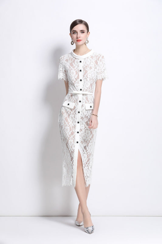 Blanca Slim Fit Round Neck Button Down Lace Dress-0