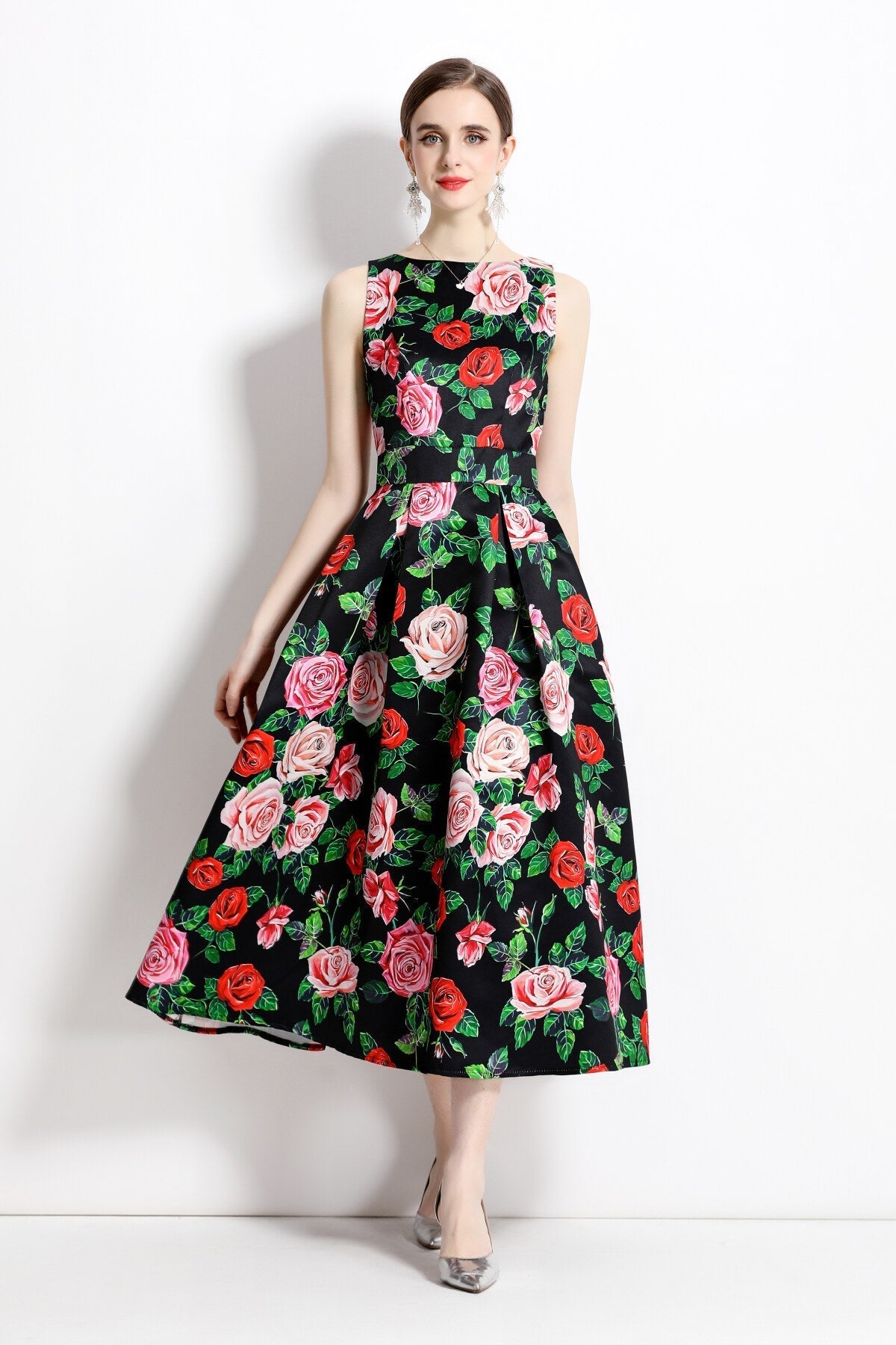 Blooming Garden Sleeveless Pleated A Line Tea Dress-4