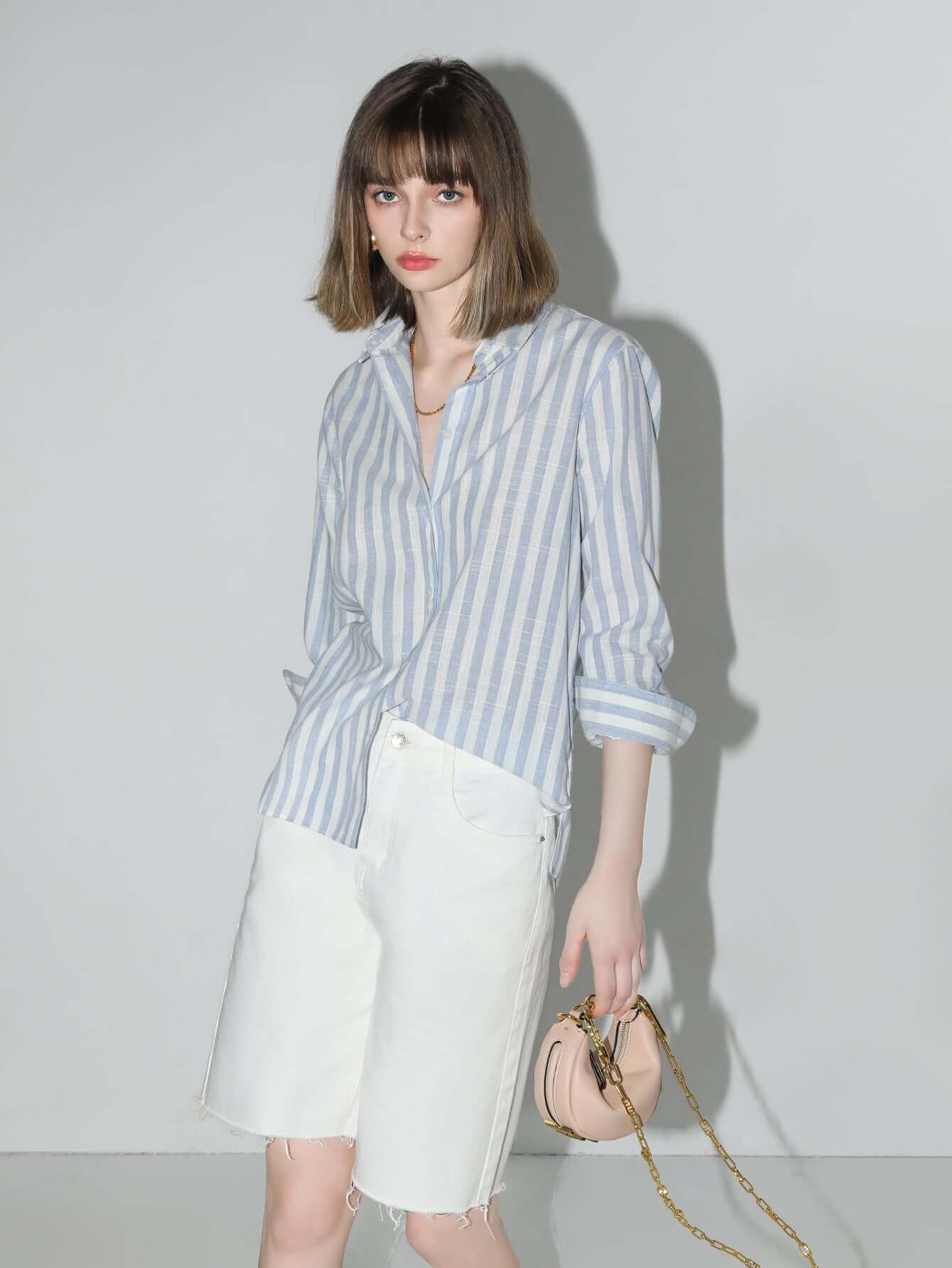 Blue and White Striped Long Sleeve Collared Shirt-2