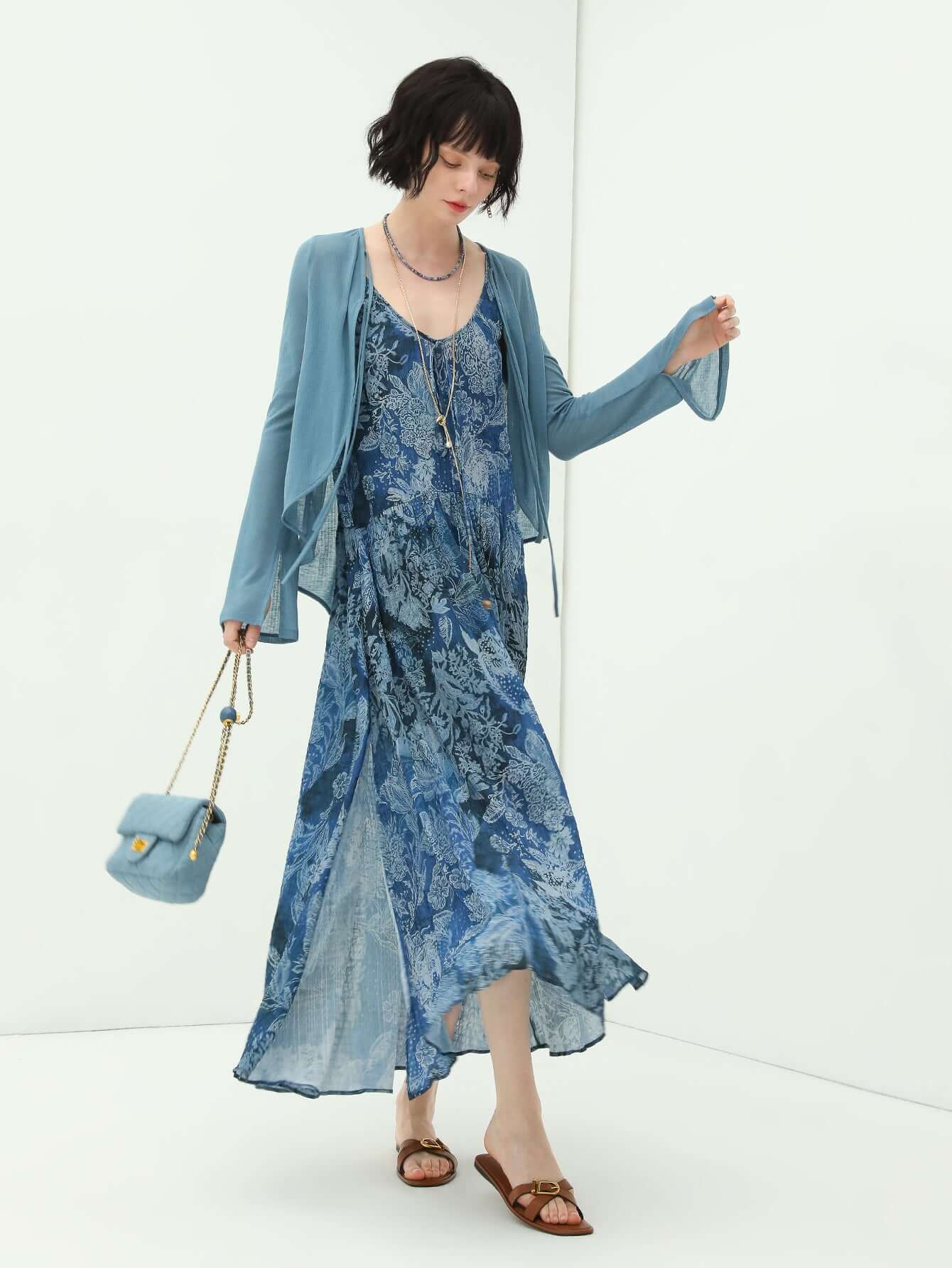 Bohemian Blue Floral Textured Maxi Dress-2