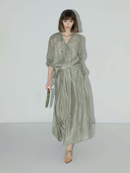 Brocade Button Embroidered Mint Green Kaftan Dress-1