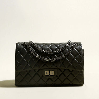 Capacious Black Quilted Bag with Metallic Chain Straps-0