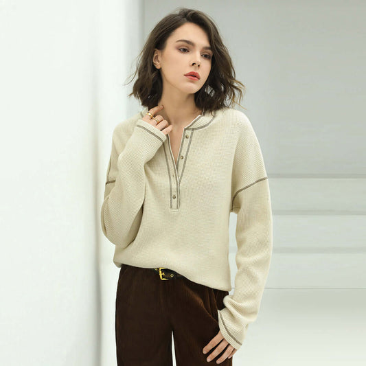 Casual Cream Half-Button Pullover Sweater with Contrast Lined Details-0