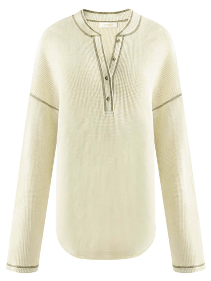 Casual Cream Half-Button Pullover Sweater with Contrast Lined Details-3