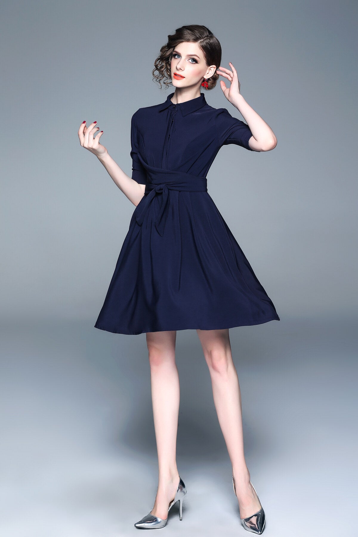Classic Navy Blue Belted Shirt Dress-0