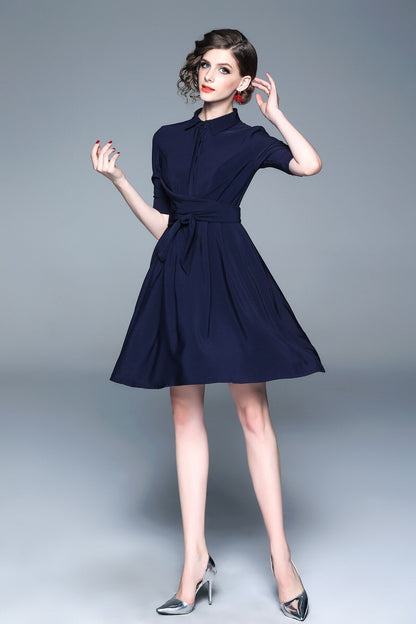 Classic Navy Blue Belted Shirt Dress-0
